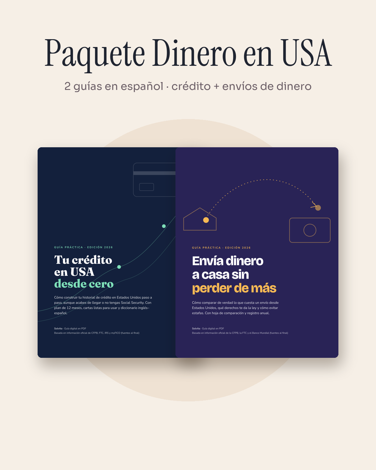 Paquete Dinero en USA con las portadas de Tu Crédito en USA Desde Cero y Envía Dinero a Casa